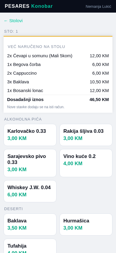 Konobarska mobilna aplikacija PBS - narudžba stola i jelovnik sa cijenama